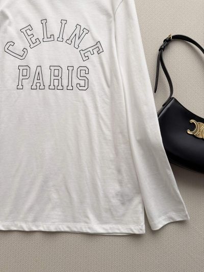 Celine Long Sleeve Ribbed Knit T-Shirt in White