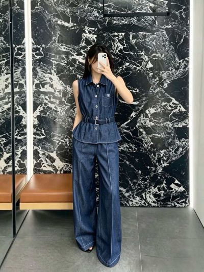 Celine Sleeveless Contrast-Trim Set in Navy