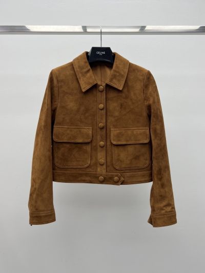 Celine Turn-Down Collar Button-Front Jacket in Brown