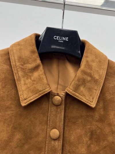 Celine Turn-Down Collar Button-Front Jacket in Brown