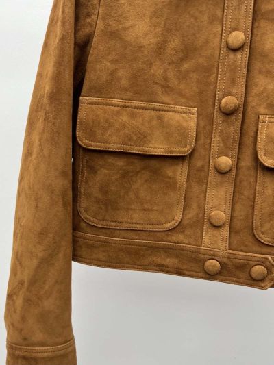 Celine Turn-Down Collar Button-Front Jacket in Brown