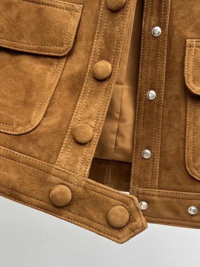 Celine Turn-Down Collar Button-Front Jacket in Brown