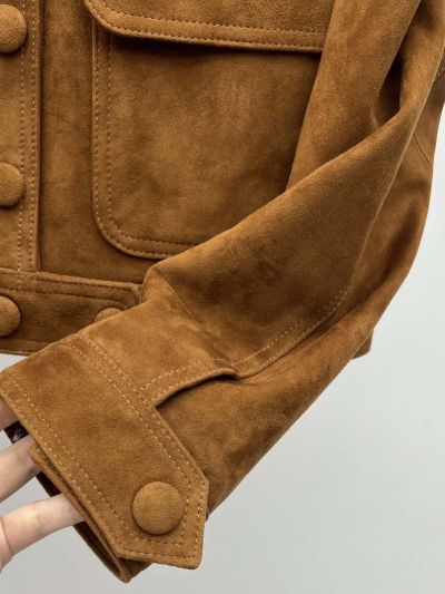 Celine Turn-Down Collar Button-Front Jacket in Brown