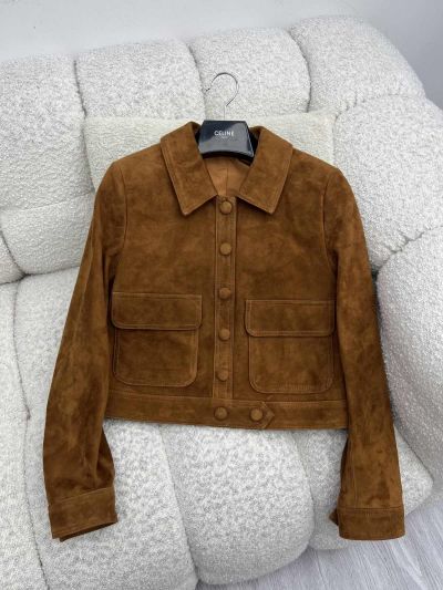 Celine Turn-Down Collar Button-Front Jacket in Brown