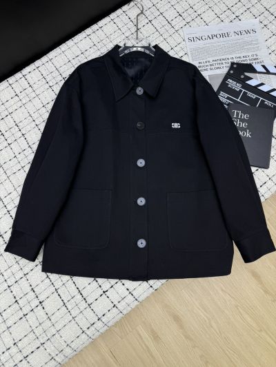 Celine Turn-Down Collar Embroidered Coat in Navy