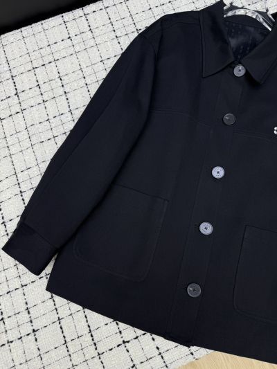 Celine Turn-Down Collar Embroidered Coat in Navy