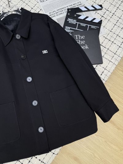 Celine Turn-Down Collar Embroidered Coat in Navy