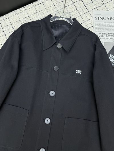 Celine Turn-Down Collar Embroidered Coat in Navy