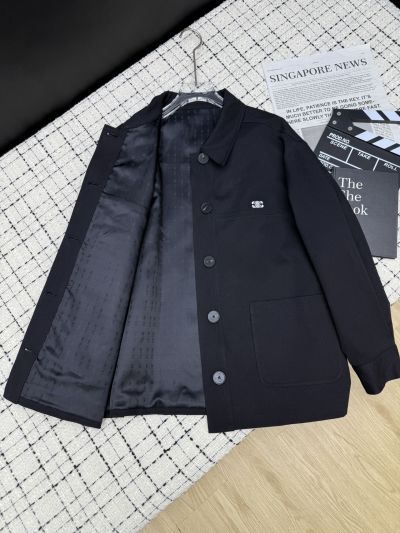 Celine Turn-Down Collar Embroidered Coat in Navy