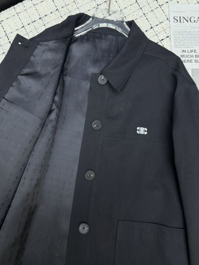 Celine Turn-Down Collar Embroidered Coat in Navy
