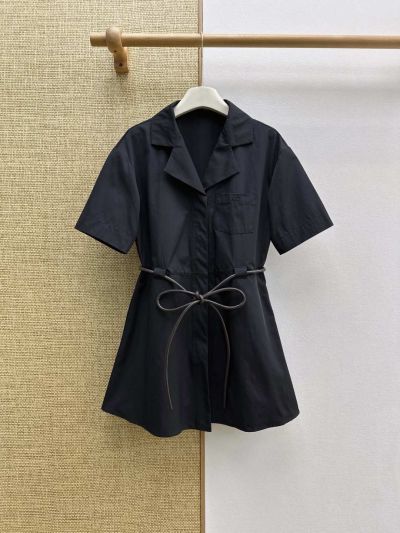 Celine Turn-Down Collar Embroidered Dress in Navy