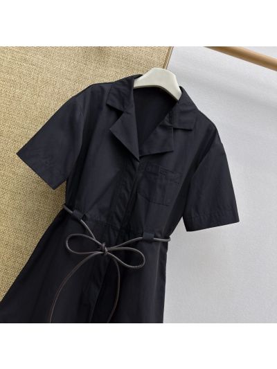 Celine Turn-Down Collar Embroidered Dress in Navy