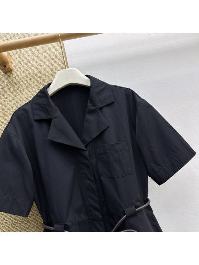Celine Turn-Down Collar Embroidered Dress in Navy