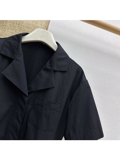 Celine Turn-Down Collar Embroidered Dress in Navy