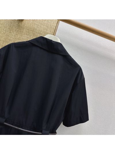 Celine Turn-Down Collar Embroidered Dress in Navy