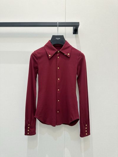Celine Turn-Down Collar Long Sleeve Shirt in Maroon