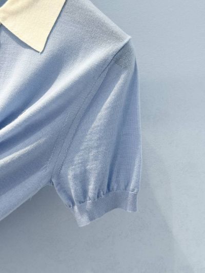 Celine Turn-Down Collar Short Sleeve Knit Top in Light Blue and White