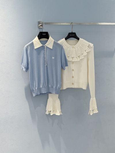 Celine Turn-Down Collar Short Sleeve Knit Top in Light Blue and White