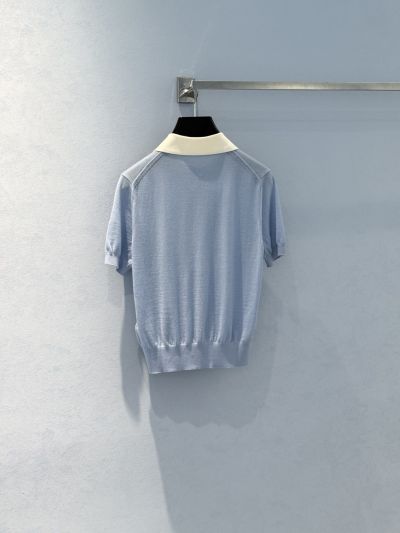 Celine Turn-Down Collar Short Sleeve Knit Top in Light Blue and White