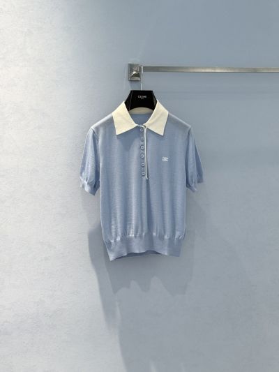 Celine Turn-Down Collar Short Sleeve Knit Top in Light Blue and White