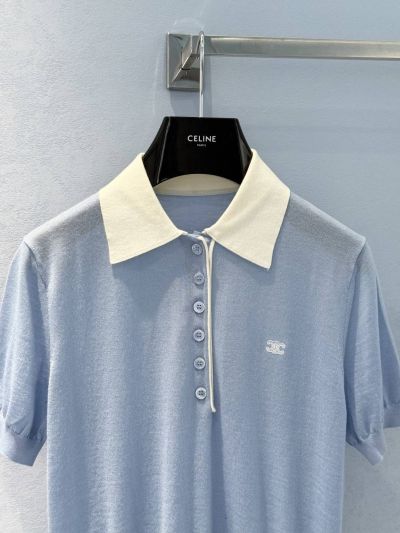 Celine Turn-Down Collar Short Sleeve Knit Top in Light Blue and White