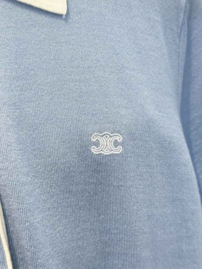 Celine Turn-Down Collar Short Sleeve Knit Top in Light Blue and White