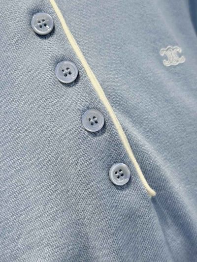 Celine Turn-Down Collar Short Sleeve Knit Top in Light Blue and White