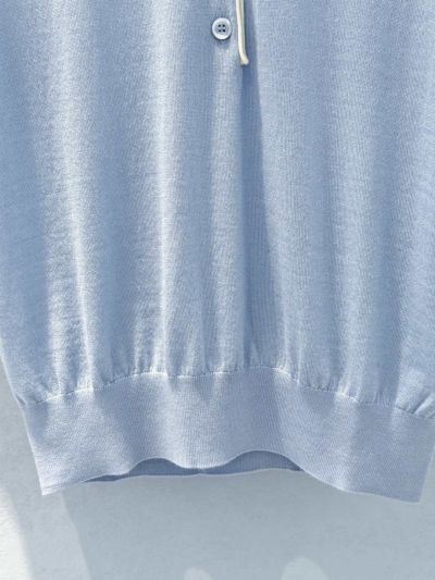 Celine Turn-Down Collar Short Sleeve Knit Top in Light Blue and White