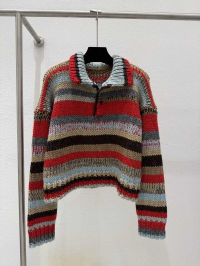 Celine Turn-Down Collar Striped Sweater in Multicolor