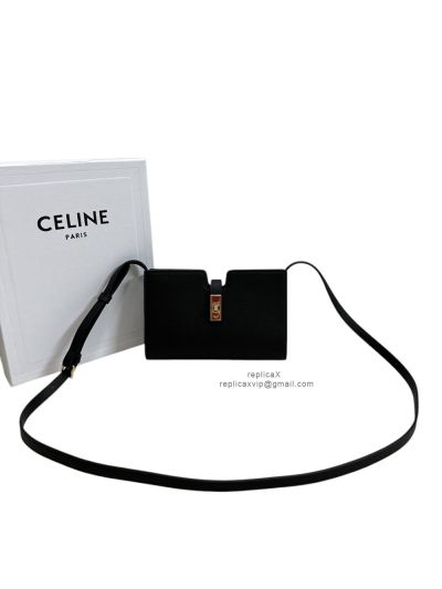Celine 16 Strap Pochette Crossbody Shoulder Bag Black Supple Calfskin 100443 