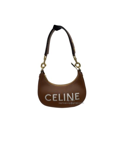 Celine AVA Hobo Shoulder Bag with CELINE Embroidery Tan Calfskin 193953 