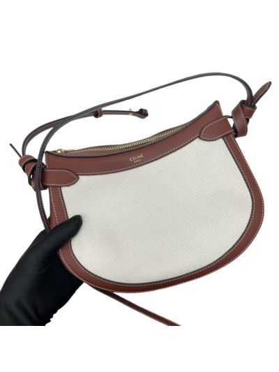 Celine Besace Noeuds Francais Shoulder Crossbody Bag Brown Calfskin and White Canvas 199823 