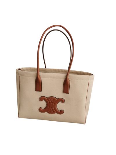 Celine Cabas Drawstring Cuir Triomphe Shoulder Tote Bag Natural Tan Textile and Calfskin 199972 