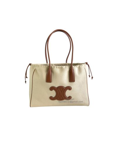 Celine Cabas Drawstring Cuir Triomphe Shoulder Bag Beige Canvas and Brown Leather 199973 