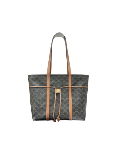 Celine Cabas Drawstring Tote Shoulder Bag Brown Triomphe Canvas and Calfskin 113722 