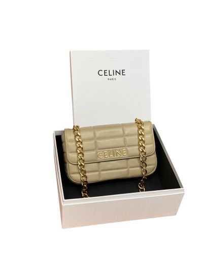 Celine Chain Matelasse Leather Monochrome Shoulder Bag Beige 