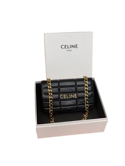 Celine Chain Matelasse Leather Monochrome Shoulder Bag Black