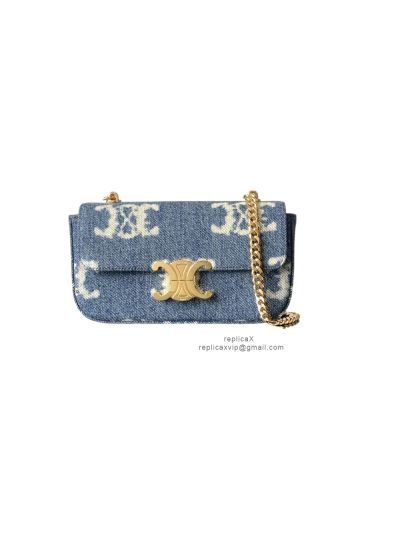 Celine Chain Shoulder Bag Navy Blue Tan Denim Triomphe 197993 