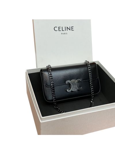 Celine Chain Triomphe Shoulder Crossbody Bag Black Shiny Calfskin 197993 