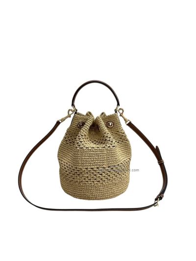 Celine clara classic panier raffia and calfskin Bucket Shoulder Crossbody Bag Tan 117862 