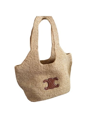 Celine Classic Panier Shopper Cabas Raffia and Calfskin Shoulder Bag Natural Tan 119632 
