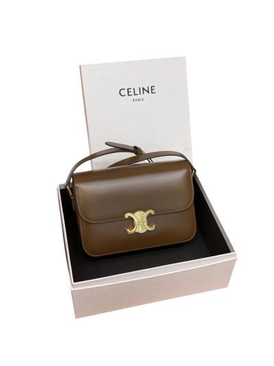 Celine Classique Triomphe Shoulder Crossbody Bag Brown Shiny Calfskin 187366 