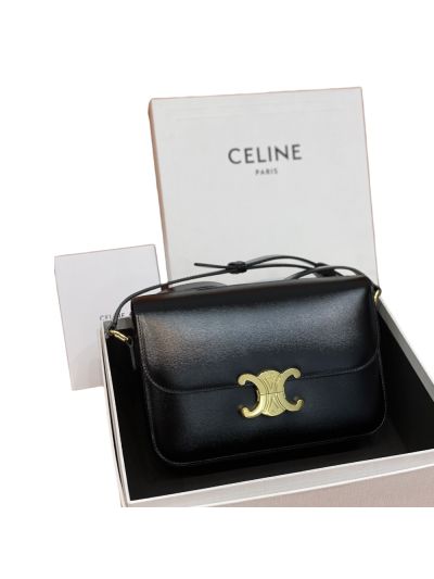 Celine Classique Triomphe Shoulder Crossbody Bag Black Shiny Calfskin 187366 
