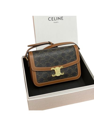 Celine Classique Triomphe Shoulder Crossbody Bag Brown Leather and Triomphe Canvas 187366 