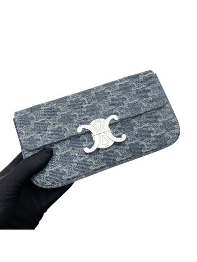 Celine Claude Chain Shoulder Flap Bag Denim Blue with Triomphe Allover 115202 