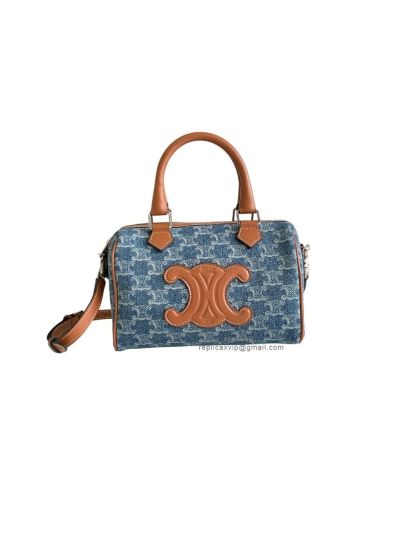 Celine Denim Blue Triomphe Allover Calfskin Small Boston Bag 197582 