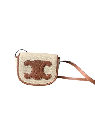 Celine Folco Cuir Triomphe Shoulder Crossbody Bag Natural Tan Textile and Calfskin 198263 