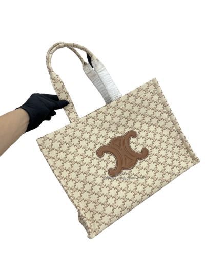 Celine Large Cabas Thais Triomphe Shoulder Crossbody Bag Beige Textile 196762