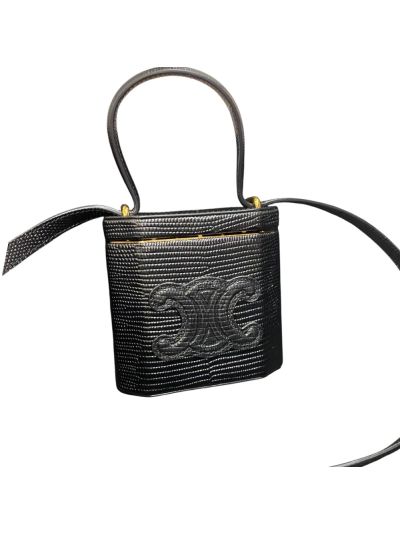Celine Lock Shoulder Crossbody Bag Black Lizard Embossed Leather 199602 