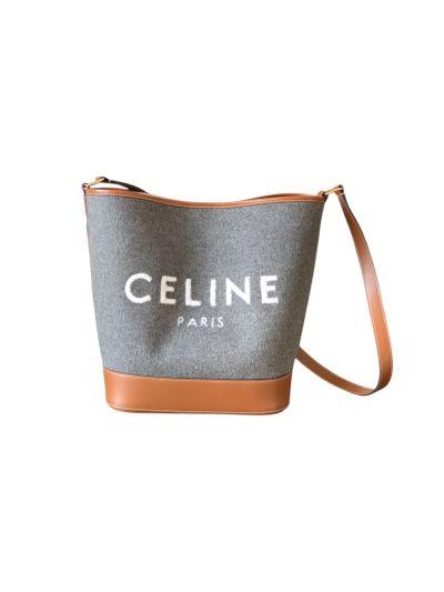 Celine Medium Bucket Shoulder Bag Gray Wool and Brown Leather 191132